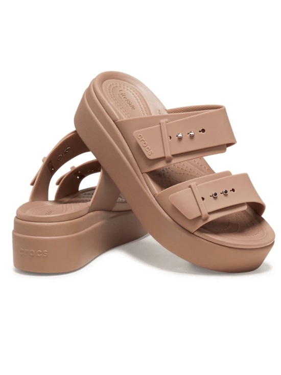 CROCS Shoes - Crocs Brooklyn Buckle Low Wedge Sandal Latte Mushroom Comfort Fall Women’s Sz 9